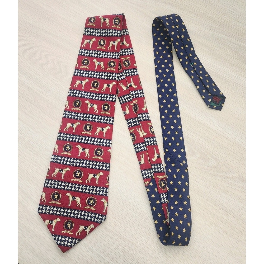 Tommy Hilfiger Mens Silk Tie Red Blue Gold Crest Dog Star Houndstooth Classic
